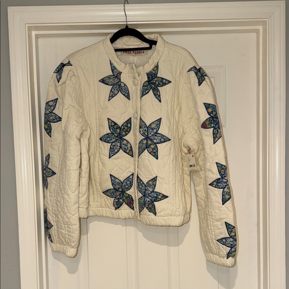 Free People Cream Quilted Bomber Jacket with Blue Floral Star Appliqué